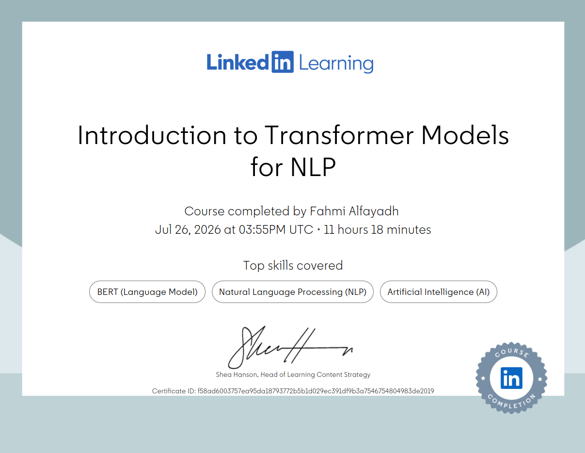 Transformer for NLP Certificate
